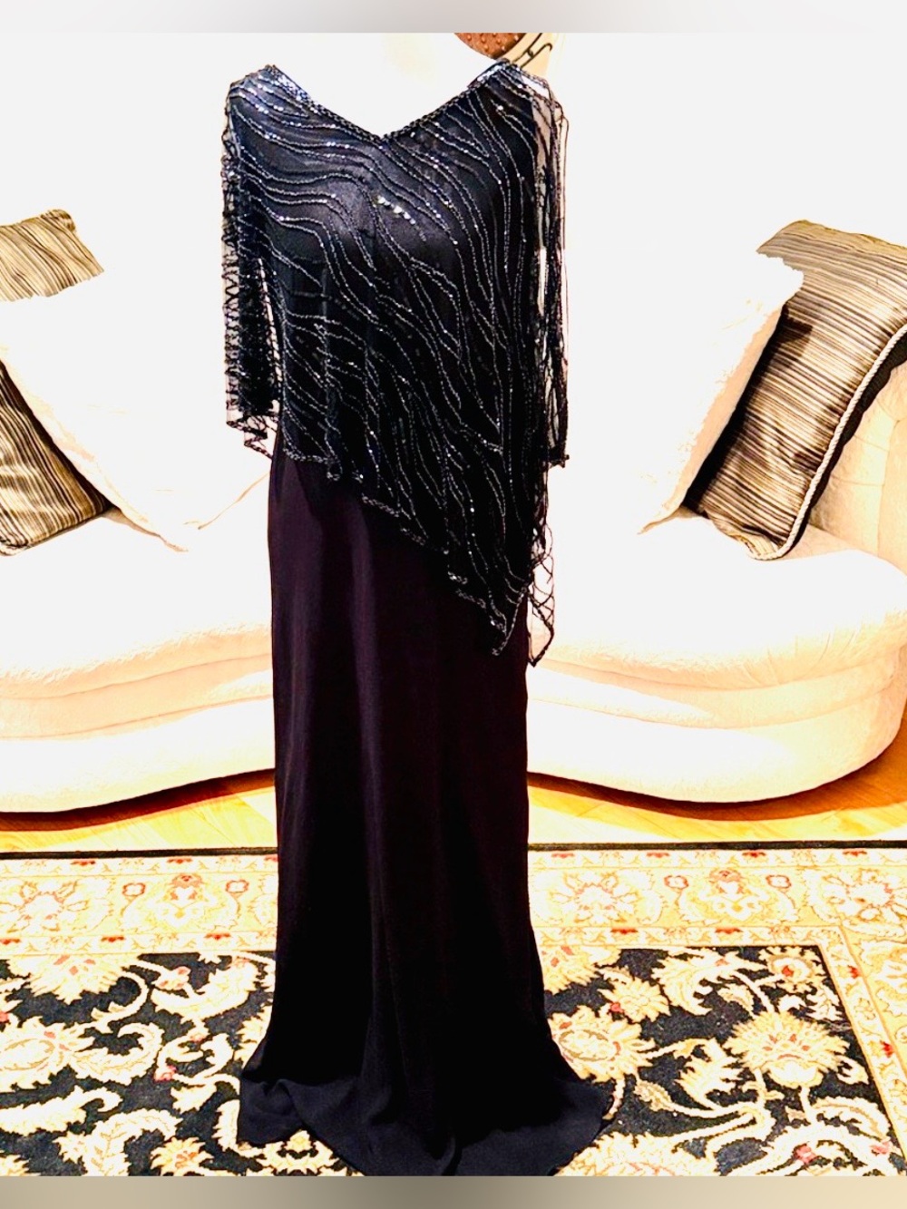 J Kara Black Evening Dress with asymmetrical beaded overlay.NWT
